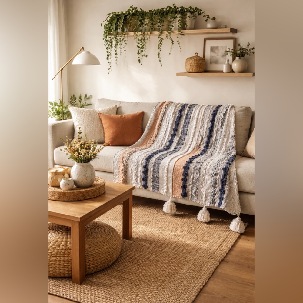 Striped Tassel Throw Blanket in Cream, Blue & Tan